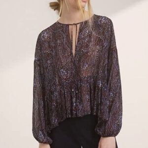 Artizia Wilfred Women's Purple Parrot Tie Neck Blouse EUC Size Large